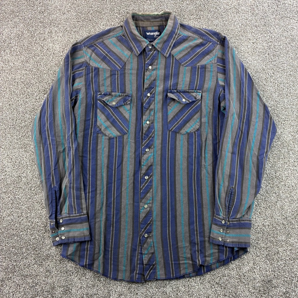 Vintage Wrangler Western Shirt Mens 16.5-37 Tall Blue Striped Pearl Snap Cotton